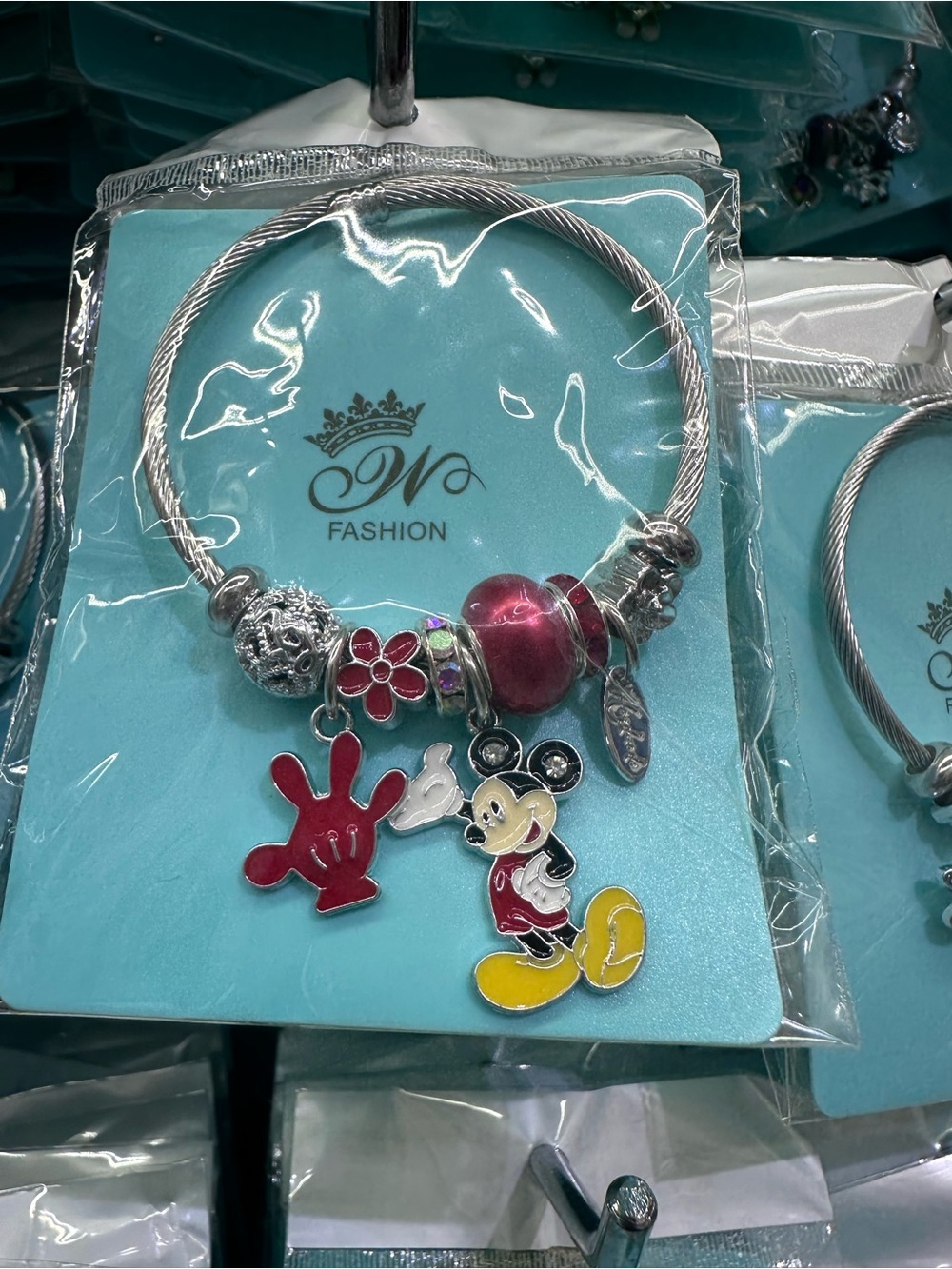 Silver Cable Bracelet with Red Bead and Mickey Charm - Women Jewelry